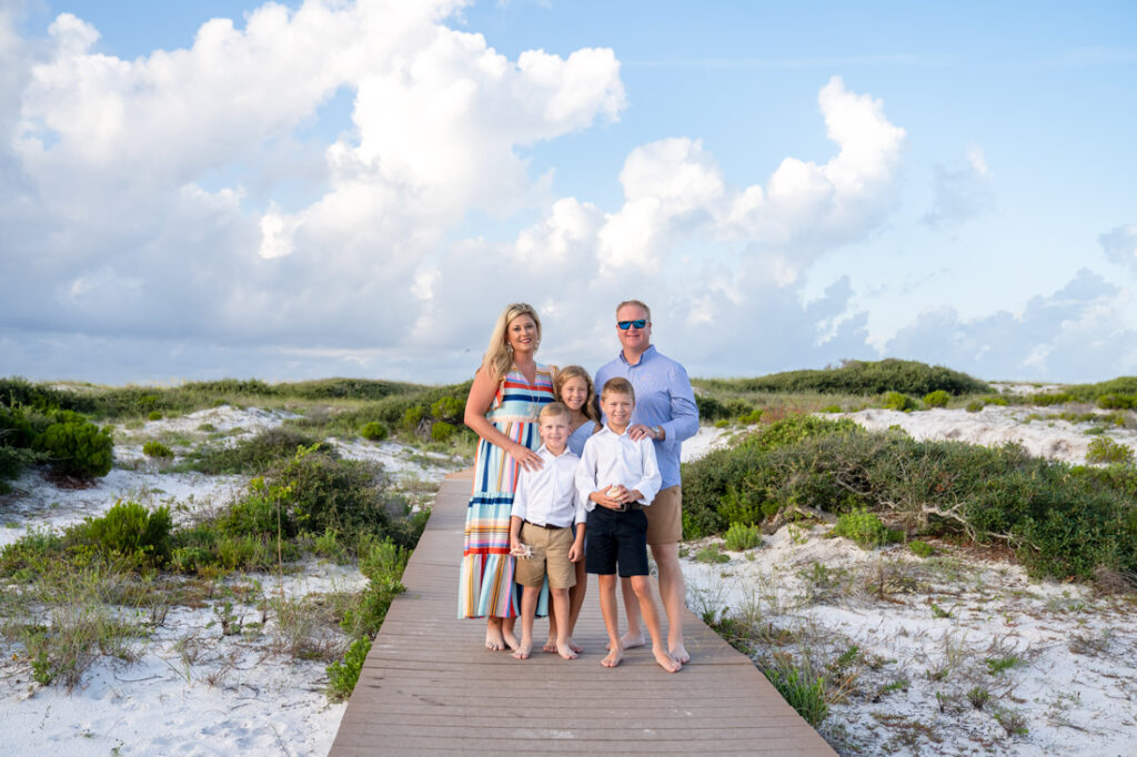 family on beach path