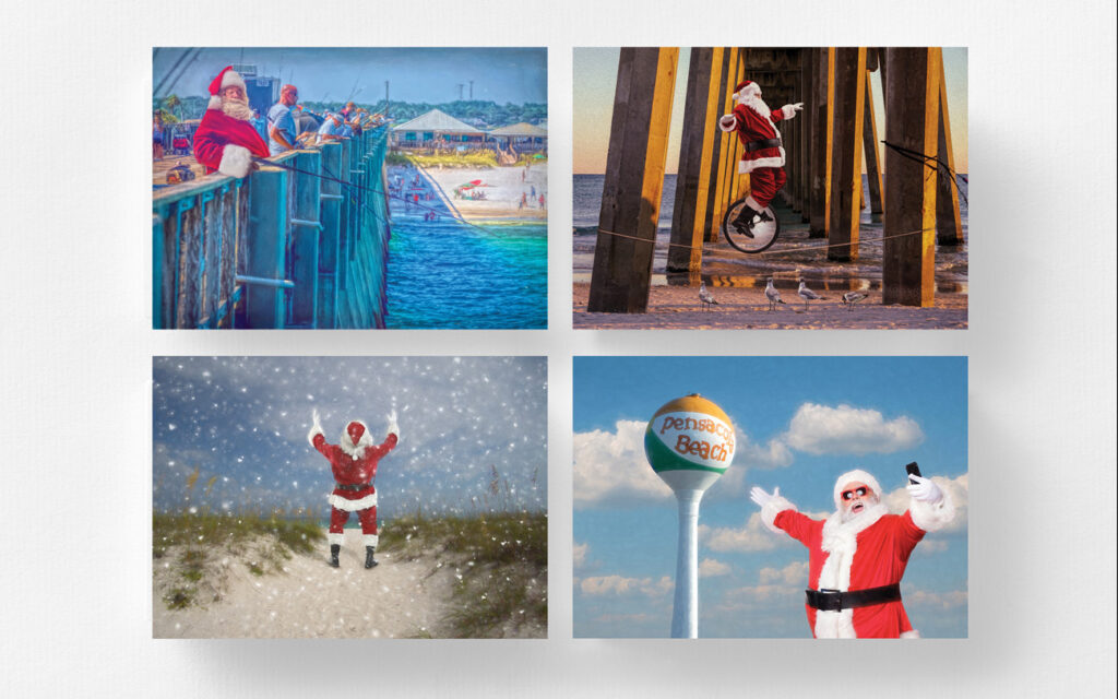 A series of four pictures with santa claus.