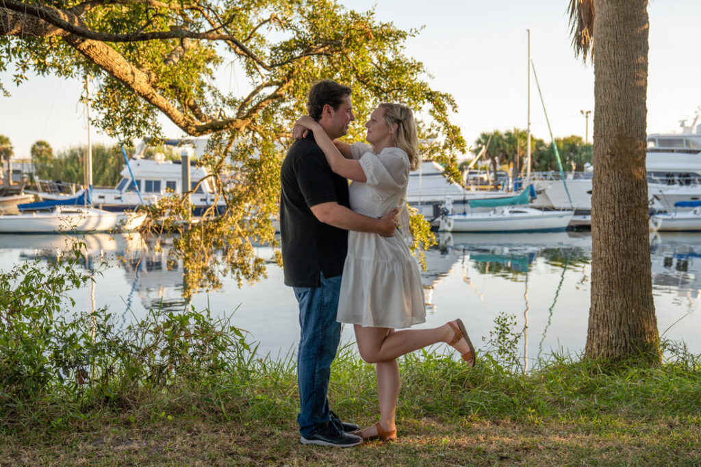 engaged couple at marina